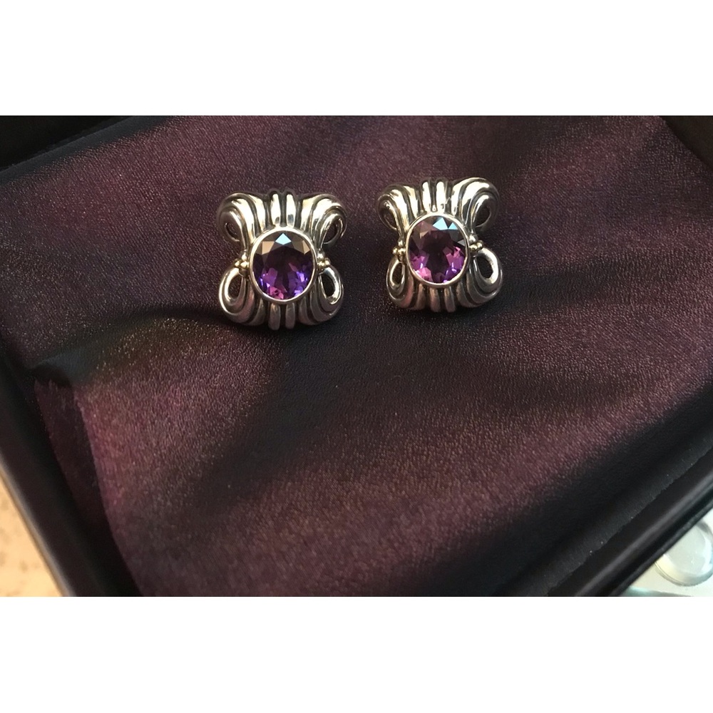 Lagos Caviar Sterling Silver 14K Gold Amethyst LARGE Wheat Design Earrings